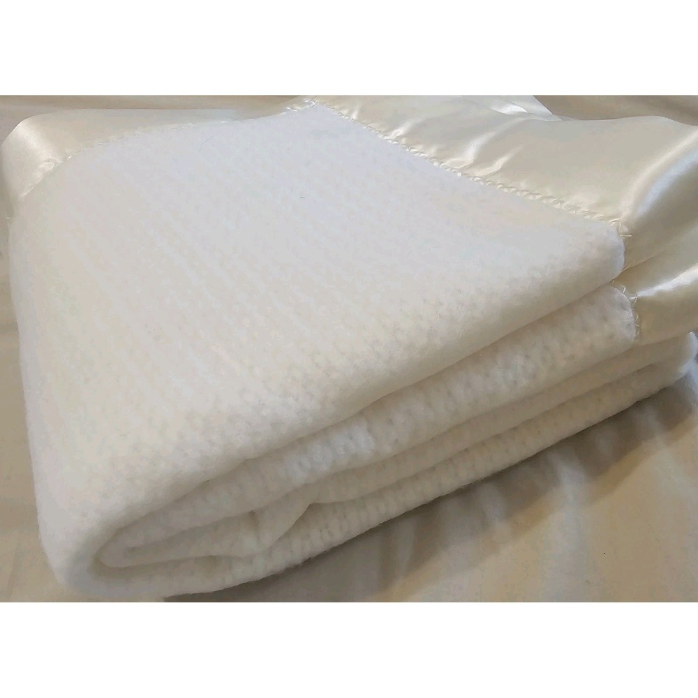 Vintage ATKINS Baby Crib Blanket White Acrylic Weave Satin Trim/Binding